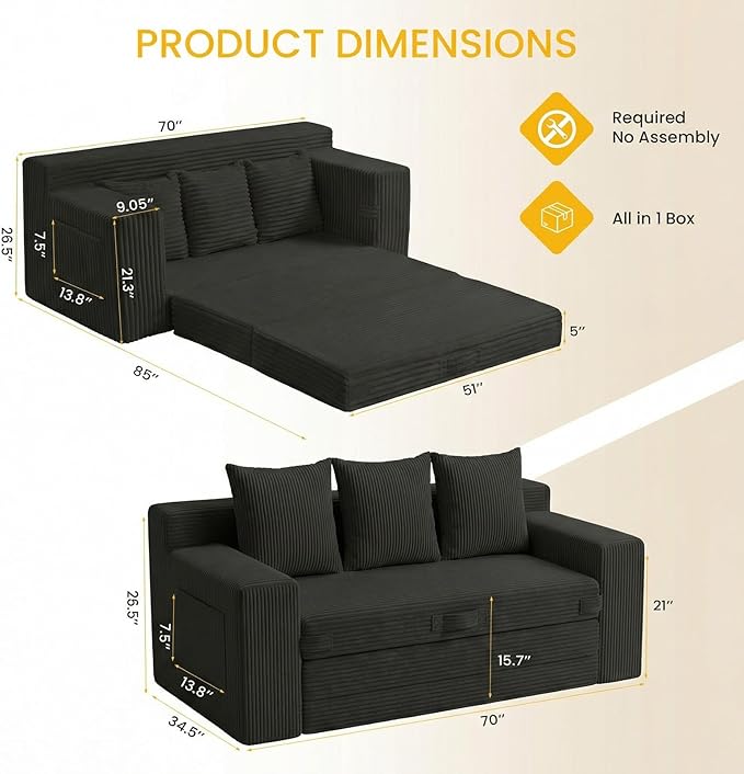 Boneless Couch Sleeper Sofa Bed: 3-in-1 Convertible Sofa Bed with Side Pockets & Handle,Pull Out Couch with 3 Pillows,Folding Futon for Small Space,Living Room & Bedroom
