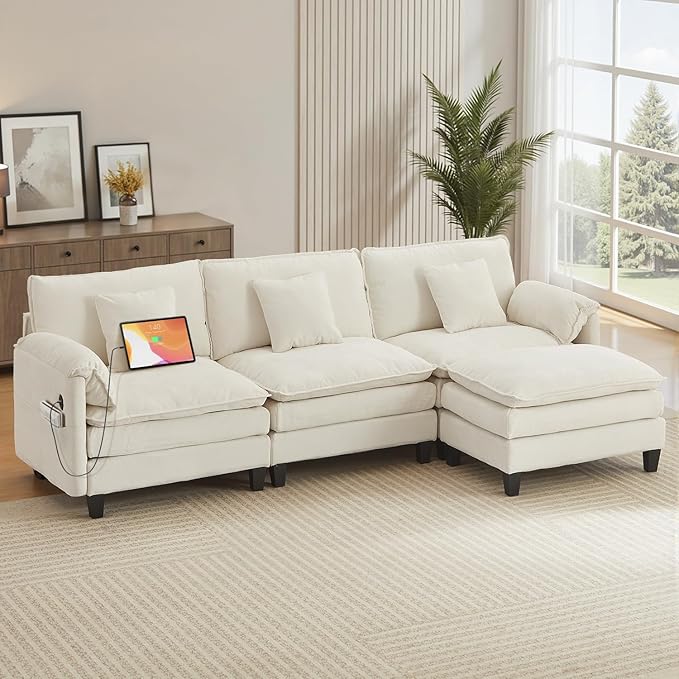 Modular Sectional Sofa, 108” Comfy Cloud Couch with Movable Ottoman | Charging Station | Side Pocket | Throw Pillow, Modern L-Shaped Couches for Living Room, Chenille, Cloud White