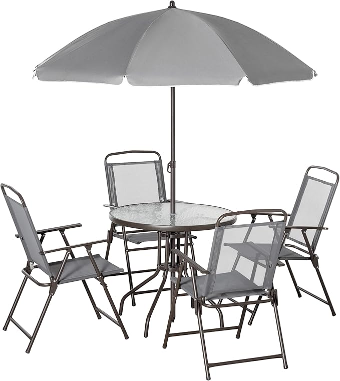 Outsunny 6 Piece Patio Dining Set for 4 with Umbrella, Outdoor Table and Chairs with 4 Folding Dining Chairs & Round Glass Table for Garden, Backyard and Poolside, Gray by Outsunny