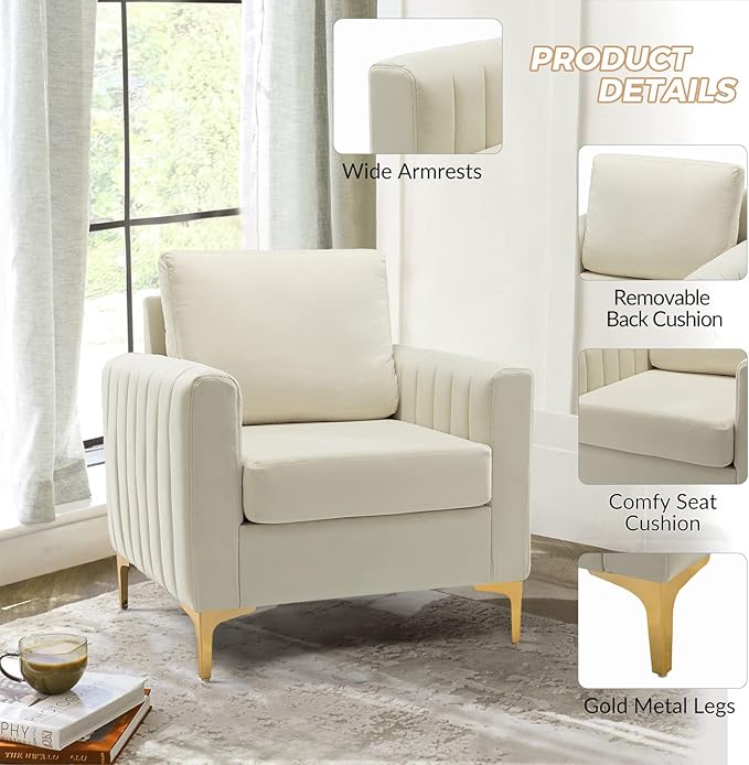 HULALA HOME Velvet Accent Club Chair, Modern Velvet Armchair Upholstered Accent Club Sofa Chair with Gold Metal Legs Mid-Century Barrel Leisure Comfy Reading Armchair, Ivory