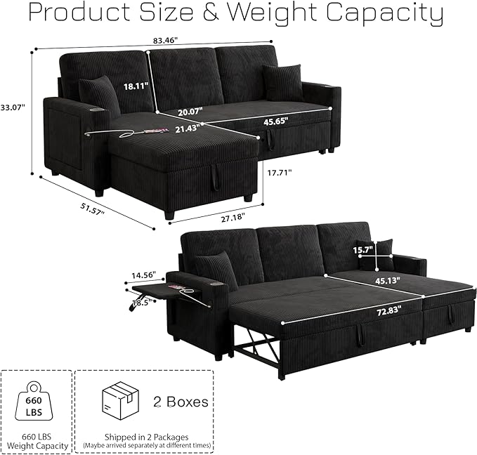 Rovibek 83" Convertible Sofa Bed Couch with Storage & USB Port – 4 in 1 L Shaped Sofa with Pull Out Couch Bed, Side Table, Cup Holder for Living Room, Apartment, Office, Small Spaces, Black