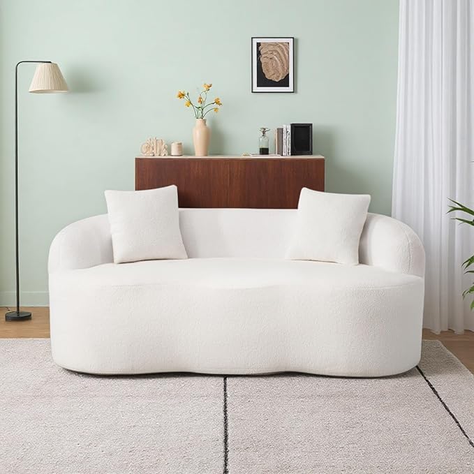 Curved Compression Sofa, Modern Loveseat Couch with Rounded Armrests & 2 Coordinating Pillows, 67'' Polyester 2 Seater Sofa for Small Living Room, Bedroom and Offices, No Assembly, White