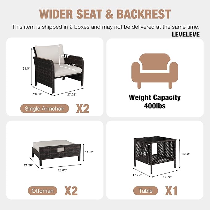 LEVELEVE Patio Conversation Set 5 Piece, Balcony Furniture Outdoor PE Rattan Wicker Lounge Chairs with Soft Cushions, 2 Ottomans & Glass Table for Porch Lawn, Brown (Beige Cushions
