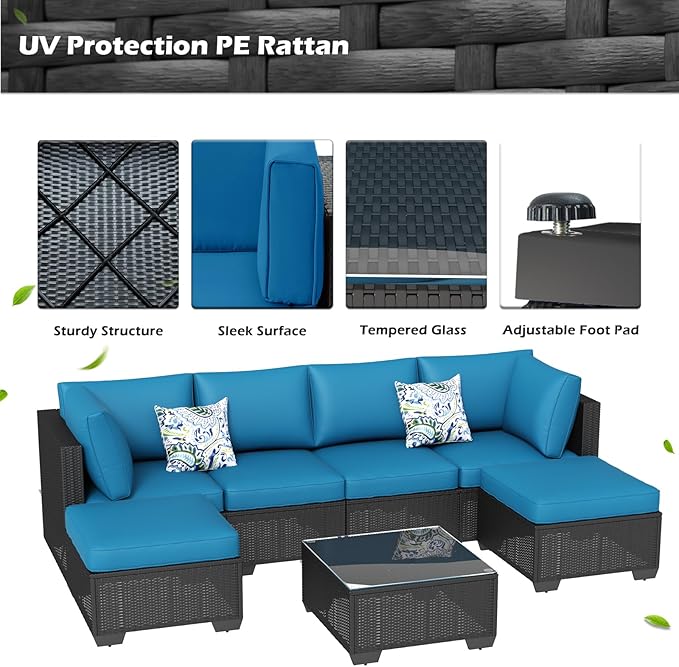 U-MAX 7 Piece Outdoor Patio Furniture Set with Extra 43 Inch Fire Pit Table, PE Rattan Wicker Sofa Set, Outdoor Sectional Furniture Chair Set with Tea Table, Black Rattan and Peacock Blue Cushion