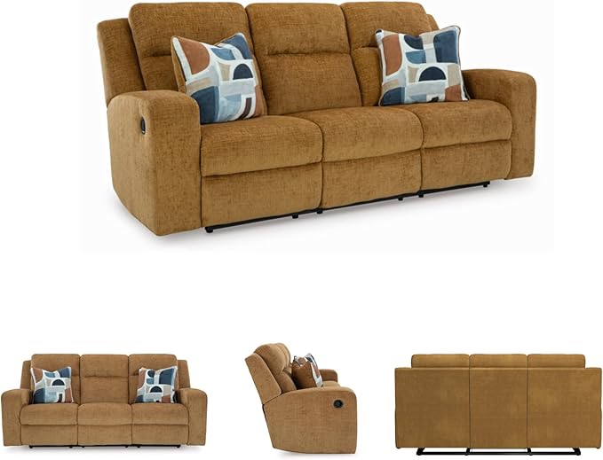 Signature Design by Ashley Kanlow Contemporary Manual Reclining Sofa with 2 Accent Pillows, Light Brown