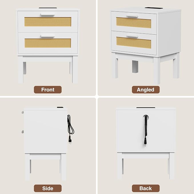 Rattan Nightstand Set of 2 with Charging Station,Boho Bedside Tables with 2 Drawer Cabinet,Natural Wood Bed Side End Tables,Multi-functional storage cabinet suitable for living room, bedroom, hallway - Image 6