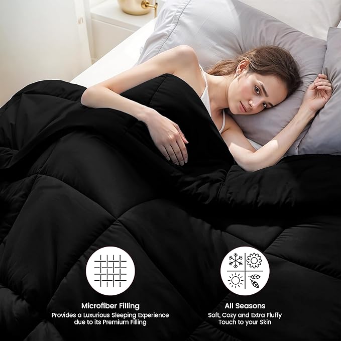 LUX Décor Twin Comforter – 92x68 Ultra-Soft Down Alternative Duvet Insert with Corner Tabs & Box Stitching, Hotel Quality Plush Microfiber Bedding, Oeko-TEX Certified - Black