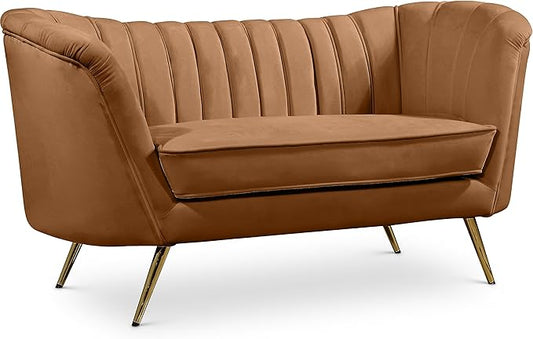 Meridian Furniture 622Saddle-L Margo Collection Modern Contemporary Velvet Upholstered Loveseat with Stainless Steel Base in a Rich Gold Finish, Saddle, 65" W x 30" D x 33" H