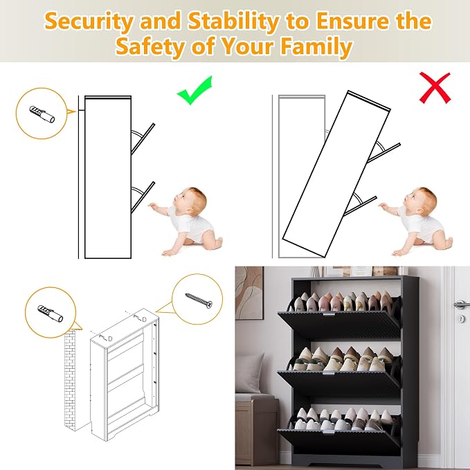 BORNOON Entryway Shoe Cabinet with 3 Flip Drawers, Narrow Shoe Organizer Cabinet with Fluted Panel and Adjustable Shelves for Foyer, Hallway - Image 7