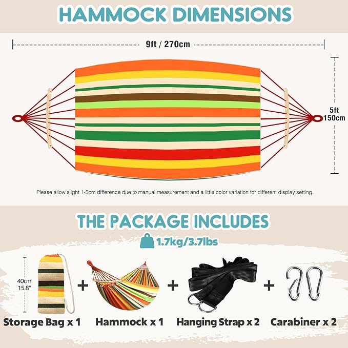 Anyoo Garden Cotton Hammock Comfortable Fabric Hammock with Spreader Bar Sturdy Hammocks Up to 450lbs Portable Lightweight Hammocks with Travel Bag for Camping Outdoor/Indoor Patio Backyard - Image 2