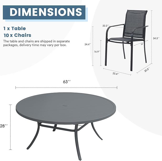 DIFY Patio Dining Set for 10, 11 Piece Outdoor Table and Chairs Set, 63" Round Metal Patio Dining Table and Textilene Stackable Patio Chairs, for Backyard Garden Poolside, Grey - Image 8