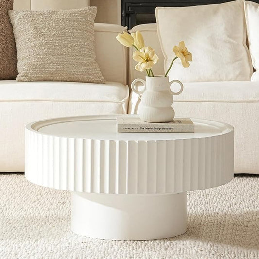 Round Coffee Table, 30.3in Modern Living Room Table, Fluted Drum Circle Tea Table with Storage, Accent Center Tables for Living Room, Apartment, Small Space(30.3''L×13.7''H) (White)