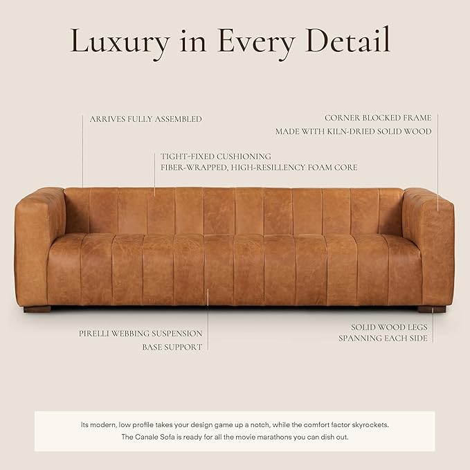 Poly & BARK Canale 99” Sofa – Modern 3-Seater Couch for Living Rooms – Performance Fabric Upholstery, High-Density Foam Cushions, Tapered Legs, Minimal Assembly – Cognac Tan
