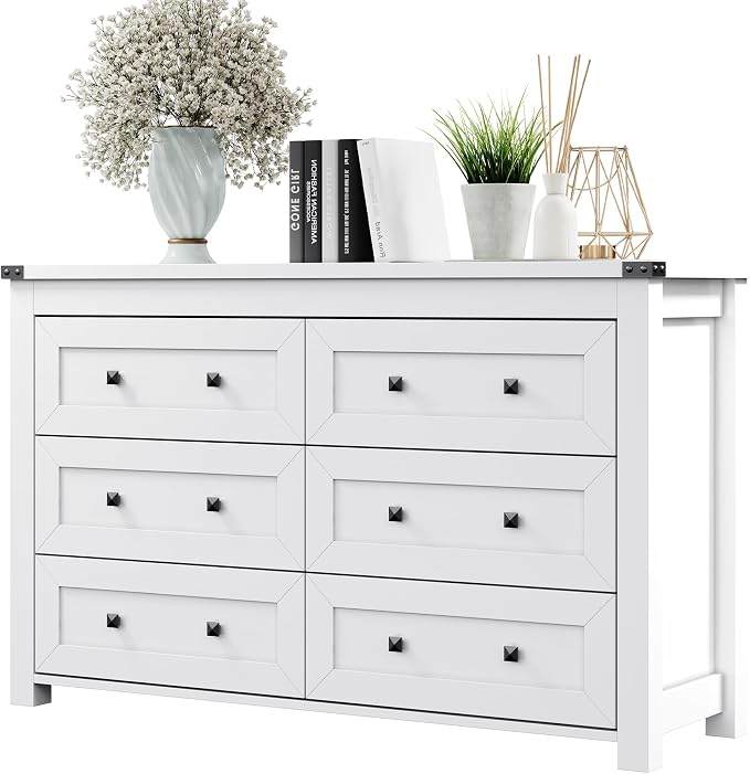 Dresser for Bedroom with 6 Drawers, Farmhouse Wood Chest of Drawers, Wide TV Stand Closet Storage Furniture with Metal Handle, Modern Clothes Organizer for Hallway, Living Room, Entryway, White by Xixini