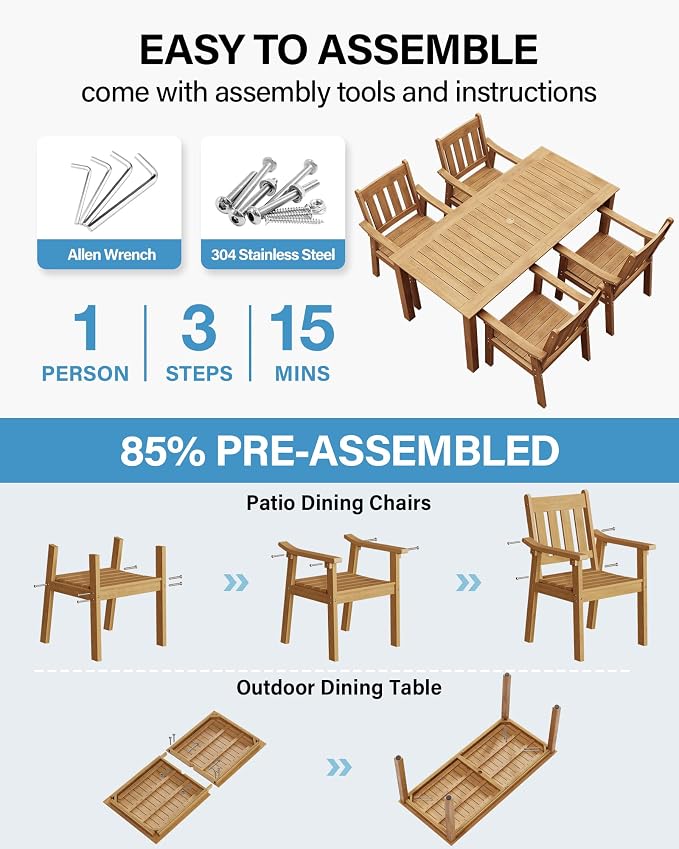 YEFU HIPS Patio Table Set: 5 Piece Outdoor Table and Chairs Dining Furniture Set with Umbrella Hole - Teak Modern Plastic Dining Sets 4 Person for Outside Deck with Metal Aluminum Frame - Image 2