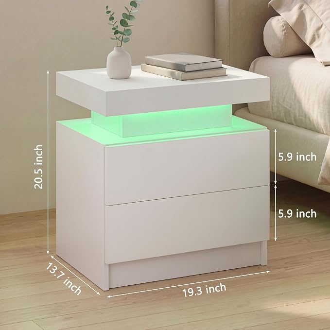 i-aplus LED Night Stand White Nightstand with 2 Drawers Modern Beside Table for Bedroom Side Bed Table with LED Lights - Image 2