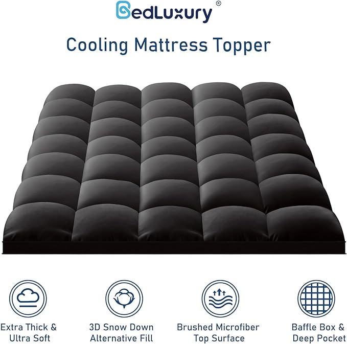 Queen Mattress Topper Extra Thick Pillowtop Mattress Pad Cover Cooling and Plush with 8-21 Inch Deep Pocket 3D Snow Down Alternative Fill Black