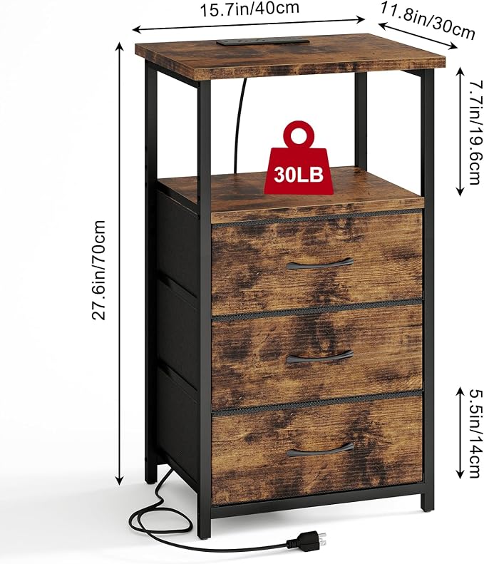 Fixwal Night Stand with 3 Fabric Drawers, Nightstand for Bedroom, Bedside Table with Charging Station End Table with Storage, Rustic Brown - Image 3