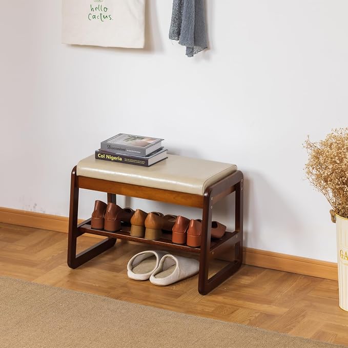 latifolia Solid Wood Bench, Entryway Shoe Bench with Cushion, Flip-Open Storage Compartment, 2-Tier Shoe Organizer(Grey,21.65''L) - Image 2