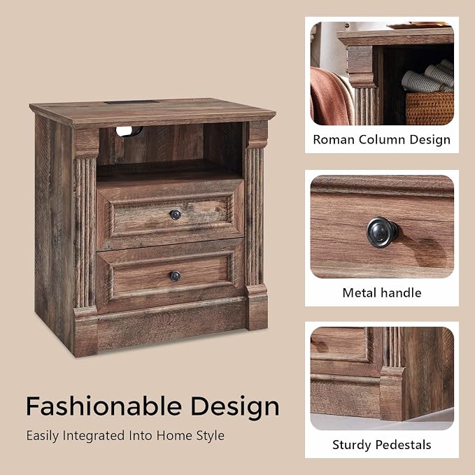 Aitjunz 26" Tall Farmhouse Nightstand, 2 Drawers End Table w/Charging Station, 23.6" Wide Large Side Table w/Roman Column, Wood Rustic Sofa Table w/Open Shelf, Bedside Table for Bedroom, Light Brown - Image 4