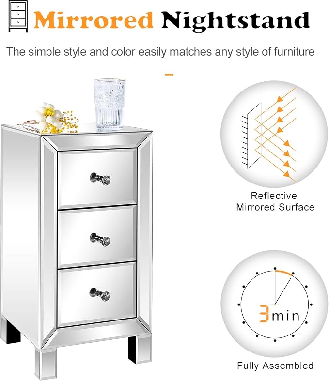 Bonnlo 3-Drawer Mirrored Nightstand End Table Bedside Table for Bedroom, Living Room, Silver, 11.7" L x 11.8" W x 23.8" H - Image 8