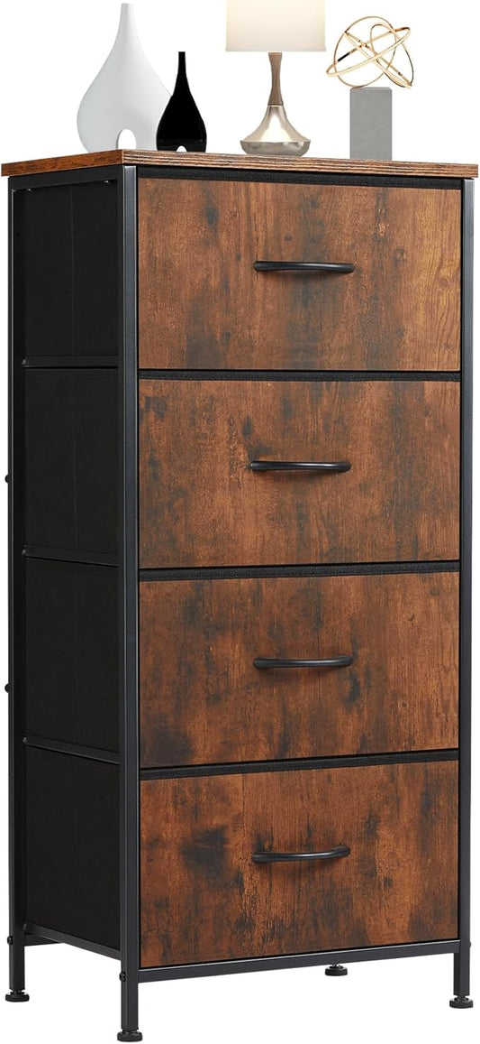 Simple Deluxe 4 Drawer Dresser, Fabric Storage Tower Organizer with Sturdy Steel Frame and Wood Top, Easy Pull Handles, for Bedroom, Entryway, Hallway, Brown