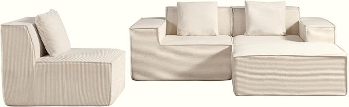 Rowan Convertible Corduroy Sectional Couch with Ottoman & Pillows, Modular L Shaped Sleeper Sofa, Boneless Cloud Couch for Living Room Furniture, Beige