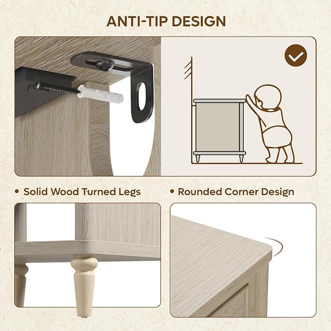 Bestier Night Stand with Charging Station, 26.7" H Farmhouse Nightstand with 2 Drawers & Open Shelf, Solid Wood Nightstand with AC Outlets, USB & USB-C Ports, Bed End Tables for Bedroom, Cream Oak - Image 6