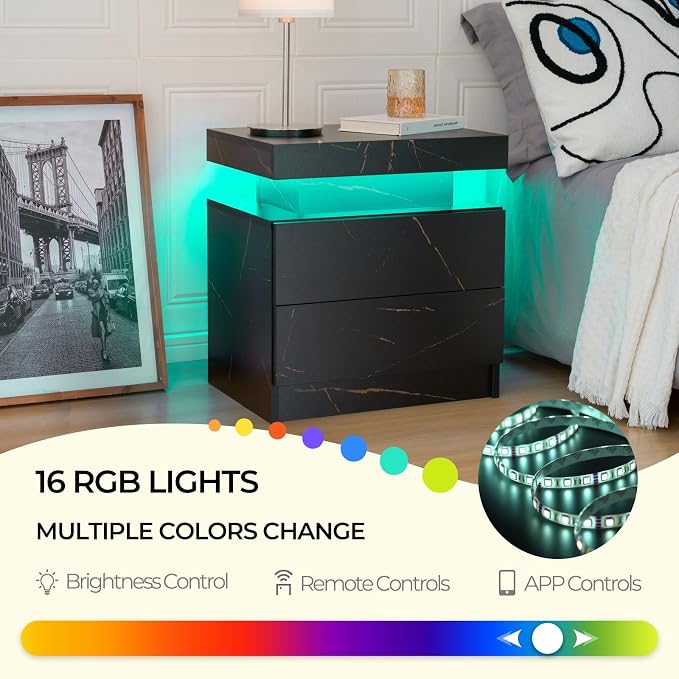 Bingoday LED Nightstand LED Bedside Table with 2 Drawers, Wooden Cabinet Unit with LED Lights for Bedroom, End Table Side Table for Bedroom Living Room - Image 7