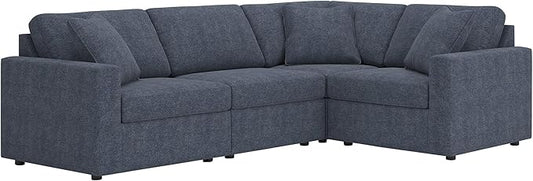 Signature Design by Ashley Modmax Stain Resistant Urban Modular L-Shaped 4-Piece Sectional with Reversible Cushions, Removable Covers and 3 Accent Pillows, Blue