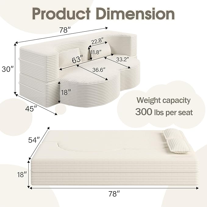 78" Convertible Sofa Bed, 2-in-1 Folding Floor Couch with 2 Pillows, Sleeper Sofa for Living Room and Bedroom, No Assembly Required (Beige, Corduroy Fabric)