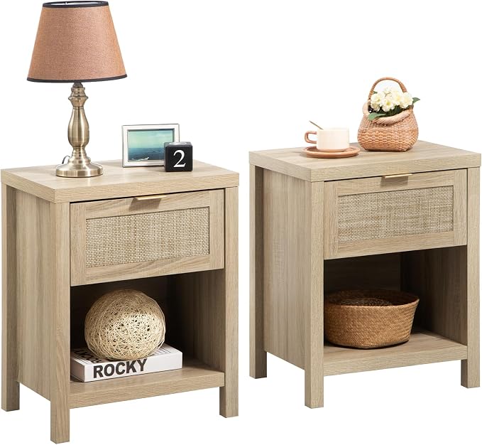 SICOTAS Rattan Nightstands Set of 2, Farmhouse Night Stand Bedside Table with Drawer and Storage Shelf - Boho End Side Table for Bedroom, Light Oak by SICOTAS