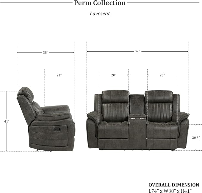 Lexicon Recliner Living Room Set, Home Theater Seating, Manual Polished Microfiber Upholstery Sofas, RV Couch Including Double Recliner Sofa, Loveseat and Chair, 3-Piece Set, Brownish Gray