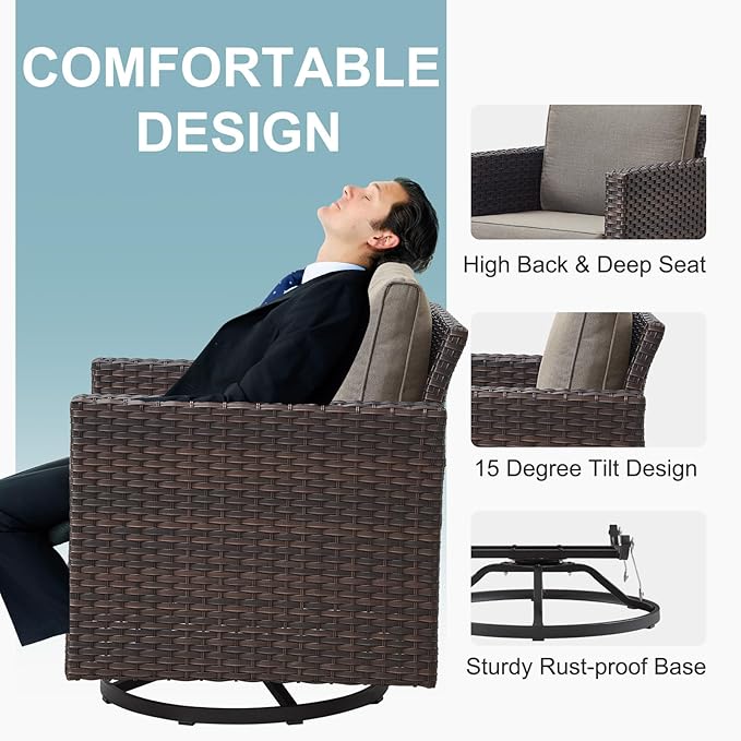 Belord Family Reunion Patio Conversation Set - 6 Piece Outdoor Sectional Furniture Set with Storage Box and Wicker Swivel Glider Chair Set of 2,Removable Gray Cushions for Deck Backyard Sunroom