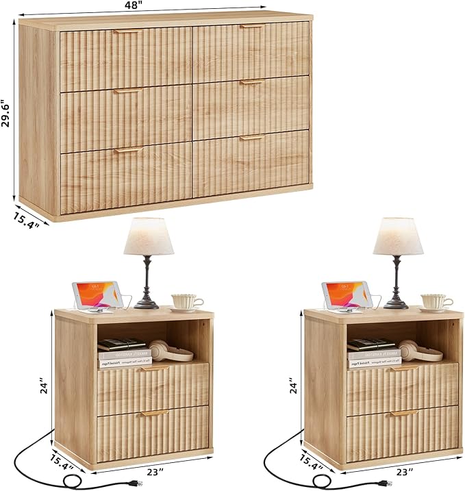 LEYAOYAO 48" Wide Fluted Dresser and 2 Drawers 23" Nightstand Set of 2, Wooden Dresser & Night Stand with Charging Station, 3 Piece Bedroom Furniture Set, Wood Chest of Drawer for Living Room,Natural