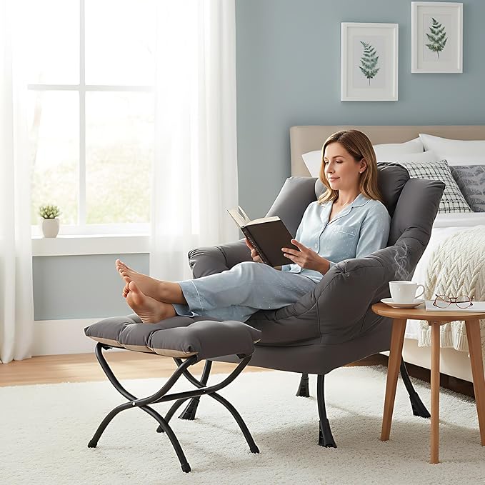 MBOOYOME Lazy Chair with Ottoman, Modern Accent Lounge Armchair with Armrests and a Side Pocket & Foldable Footstool, Leisure Reading Chair for Living Room, Bedroom, Dorm & Office, Dark Grey