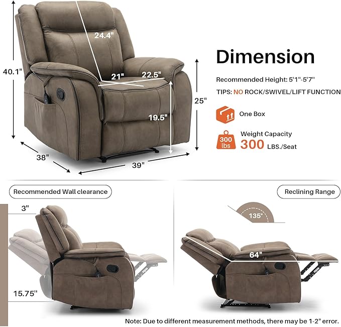 Massage Recliner Chair with Heat, Faux Leather Recliner Chairs for Adults, 39" Wide Manual Reclining Ergonomic Lounge Chair, Overstuffed Wall Hugger Recliners for Living Room, Nut Brown