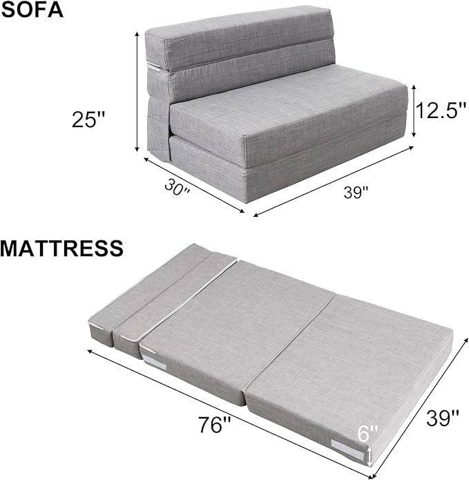 ANONER Folding Sleeper Chair Sofa Bed Lazy Couch with Pillow, Twin Size, Light Gray, Convertible Sleeper Chair and Foam Fold Out Chair Bed