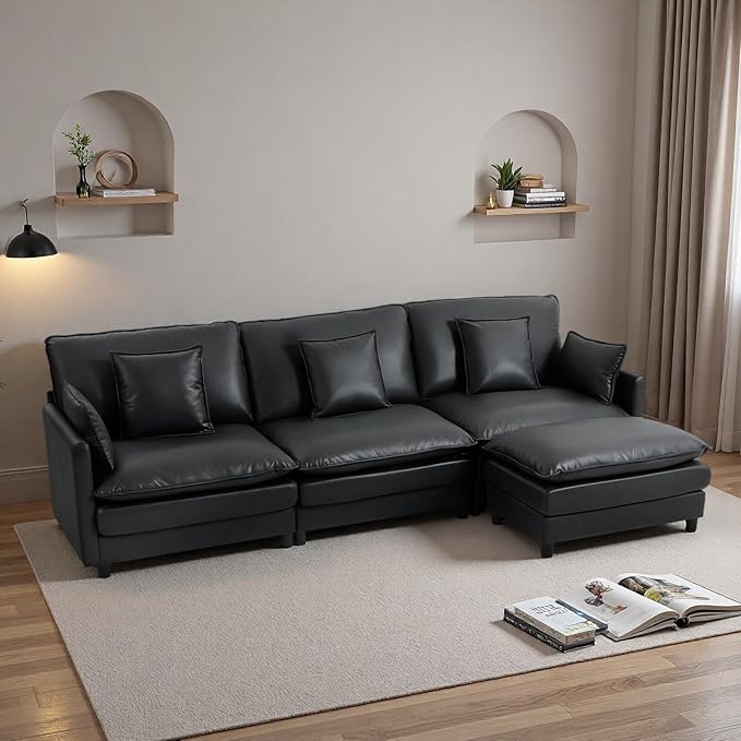 L Shaped Cloud Sofa, 4-Seater Modular Couch with Double Layer Upholstered Seat Cushion, PU Sleeper Sofa with Ottoman & Pillows, Comfort Couches for Living Room, Bedrooms & Apartments, Black