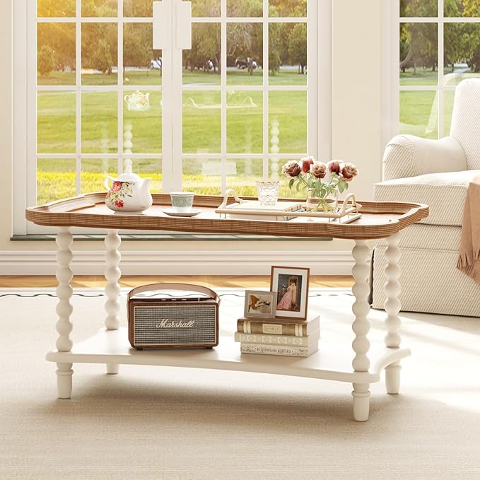 Function Home Farmhouse Coffee Table, Rustic White French Country Center Table with Storage Shelf, Wood Coffee Tables for Living Room Dining Room, Natural Tray Top and Vintage White Spindle Legs