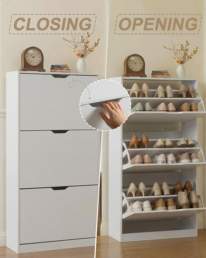Shoe Cabinet with 3 Flip Drawers, Slim Shoe Storage Cabinet for Entryway, Hidden Freestanding Shoe Organizer, Narrow Shoe Rack for Hallway Living Room (White, 3 Drawers) - Image 8