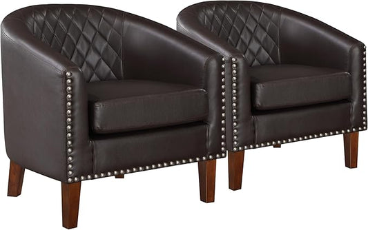Prilinex Comfy Barrel Accent Chair Set of 2 - Faux Leather Living Room Chair Club Chair with Cushion, Diamond Grid Backrest & Nailhead Trim, Guest Chair for Office, Bedroom & Waiting Room, Brown