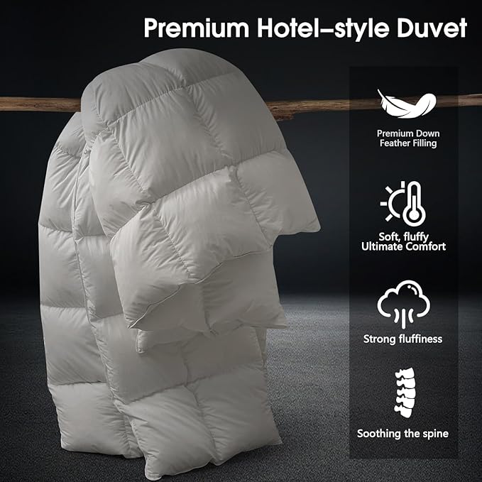 CYMULA King Size Feather Down Comforter - All Season Light Grey Duvet Insert, Lightweight Box Stitched, Fluffy Breathable, Ultra Soft Quiet Hotel Style with 8 Tabs(90" x 106")
