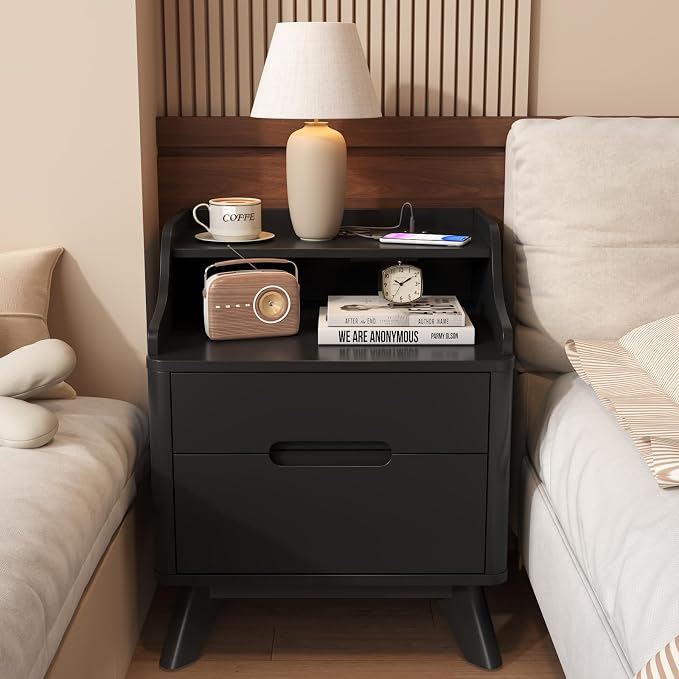 Night Stand with Charging Station, 21" Nightstand with Drawer/Open Shelves, Modern Nightstand w/2 Storage Drawers for Bedroom, Wood Bed Side Table End Table Bedside Table for Dorm, Home Office (Black) by SOLACEFURNITURE