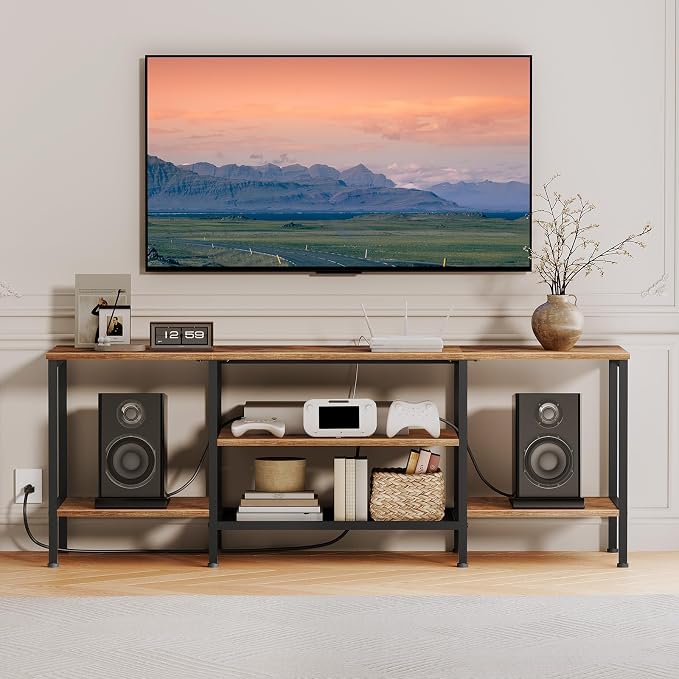 HOOBRO TV Stand with Power Outlets to 65 Inches, TV Console Table with Open Storage Shelves, Industrial Media Entertainment Center for Living Room Bedroom, Rustic Brown and Black BF40DS01 - Image 7