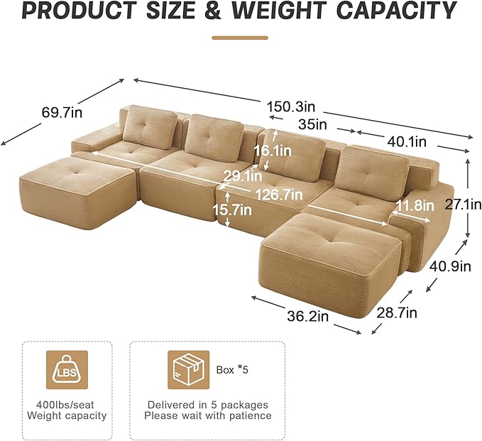 Casaphoria 150'' Camel Boneless Sectional Sofa, Corduroy 4-Seater Cloud Couch with 4 Pillows & 2 Ottomans for Living Room, U-Shaped Deep Seat Modular Sofa for Apartment, No Assembly