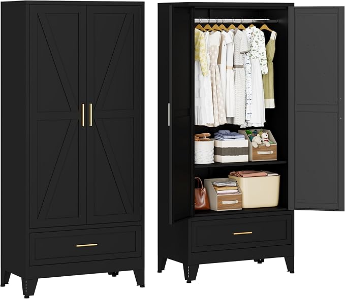 Metal Armoire Wardrobe Closet with 1 Drawer, 71" Wardrobe Cabinet with 1 Adjustable Shelf & 1 Hanging Rod for Bedroom, Black Metal Closet Storage Cabinet with 2 Doors & Drawers