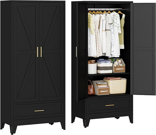 Metal Armoire Wardrobe Closet with 1 Drawer, 71" Wardrobe Cabinet with 1 Adjustable Shelf & 1 Hanging Rod for Bedroom, Black Metal Closet Storage Cabinet with 2 Doors & Drawers