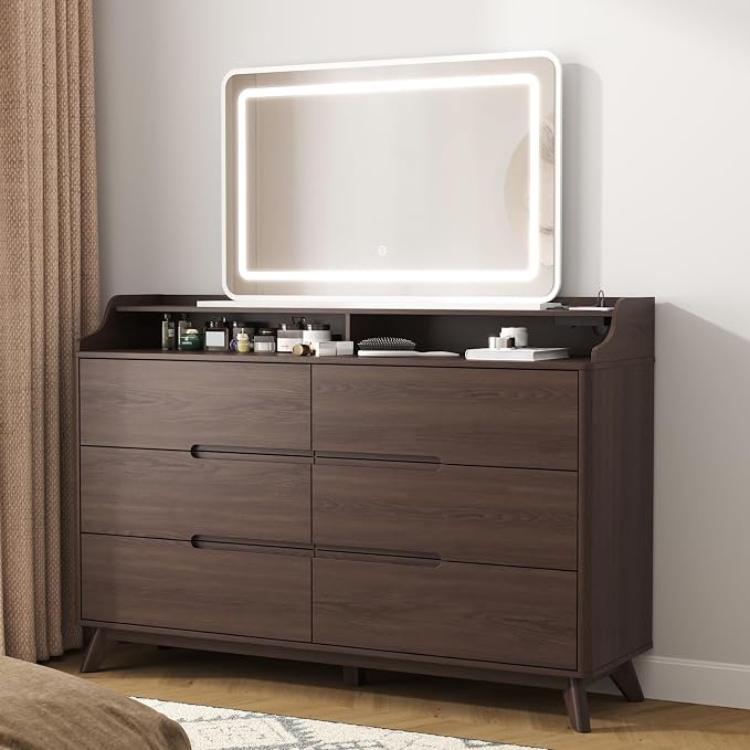 Dresser for Bedroom with 6 Drawers, 55" Large Dresser w/Charging Station, Open Shelf Top, Pre-Installed Slides, Wood Closet Clothes Storage Long Dressers for Bedroom, Living Room, Hallway, Brown - Image 7