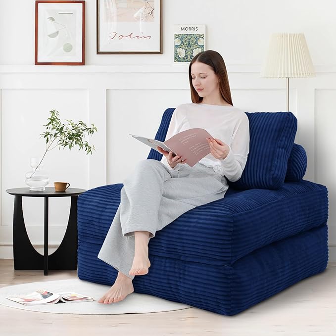 Folding Sofa Bed, Convertible Sleeper Chair with Pillow & Handle, Foldable Mattress Futon Chair Bed Lounge with Back Support, Comfy Floor Sofa for Living Room Bedroom, NavyBlue, Single
